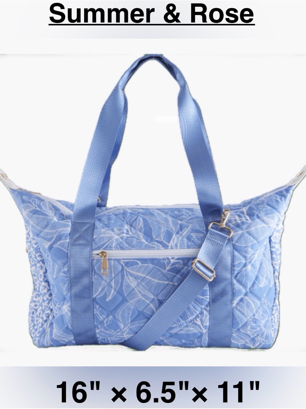 NWT SUMMER & ROSE Wildflower Duffel - Quilted Light Blue Weekend Bag 16"×6.5”x11